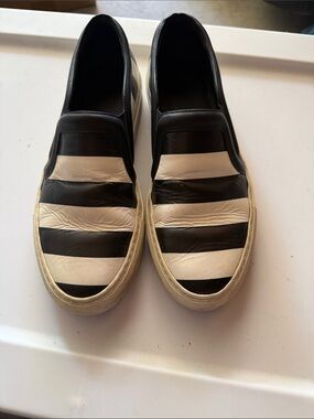Givenchy Black and White Striped Leather Slip-On Flats
